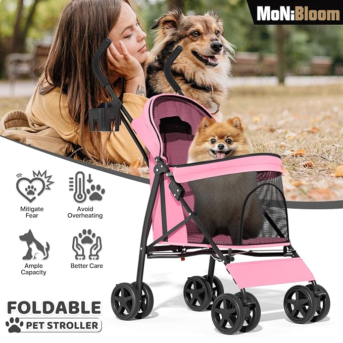MoNiBloom 4-Wheel Foldable Pet Stroller - Pink, up to 22lbs