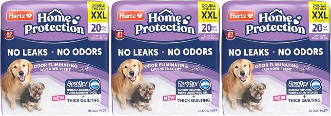 Hartz Home Protection Super Absorbent Odor Eliminating Lavender Scented No Leak Dog Pads, XXL 20 Count (Pack of 3)