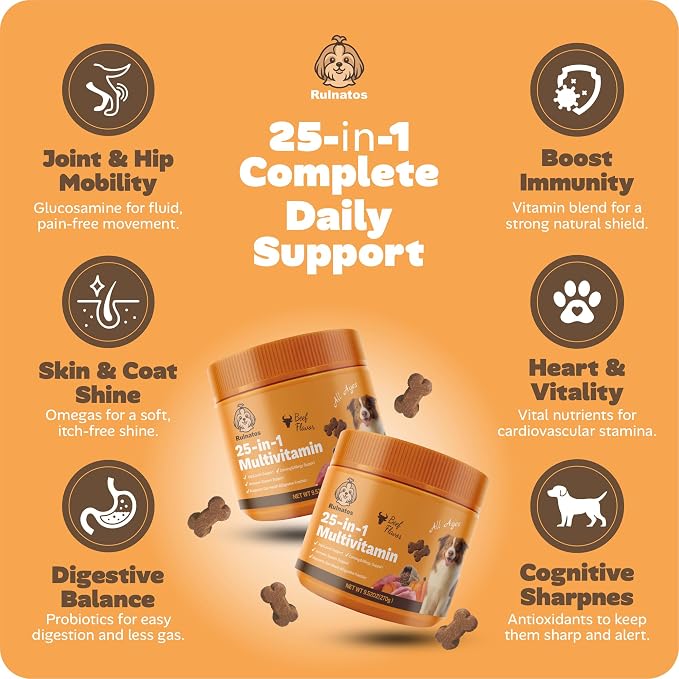 25-in-1 Dog Multivitamin, Chewable Supplements for Hip & Joints, Immune System, Gut & Digestive, Calming & Allergy Support, Omega 3 for Puppy & Seniors Dogs - 90ct (Beef)