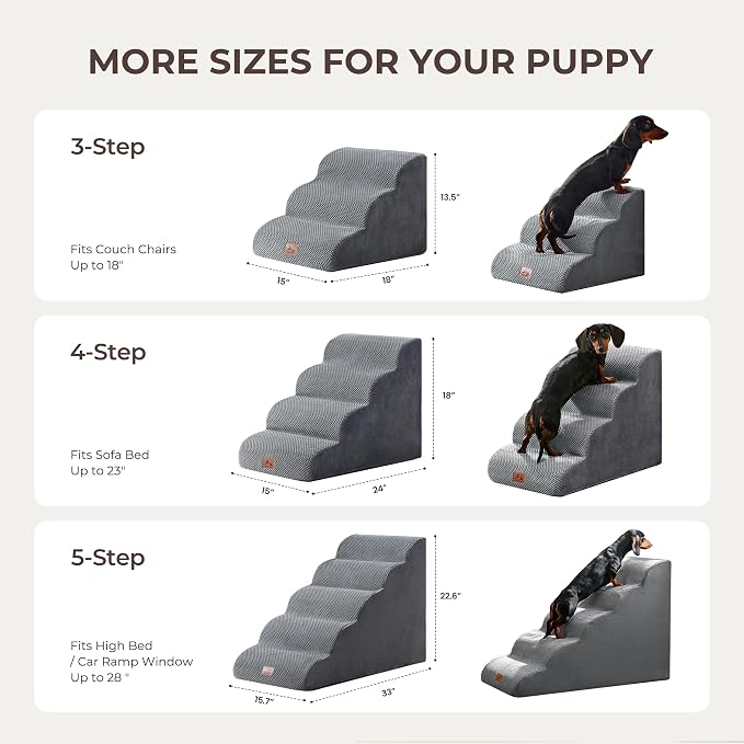 Dog Stairs for High Bed 13.5" H, 3-Step Dog Steps for Small Dogs and Cats, Pet Steps Ramp for Couch Sofa, Non-Slip Stable Indoor Pet Ladder with High Density Foam, Grey