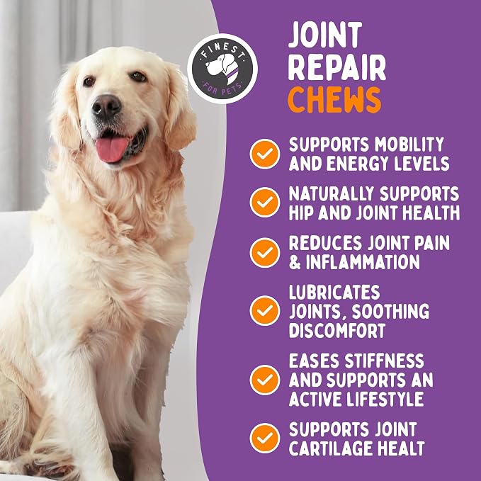 Joint Repair Dog Hip and Joint Supplement with Glucosamine, Chondroitin, Omega 3, MSM & Turmeric. Supports Hip & Joint Health, Mobility & Cartilage Development. 120 Chicken Flavor Chews, Made in USA