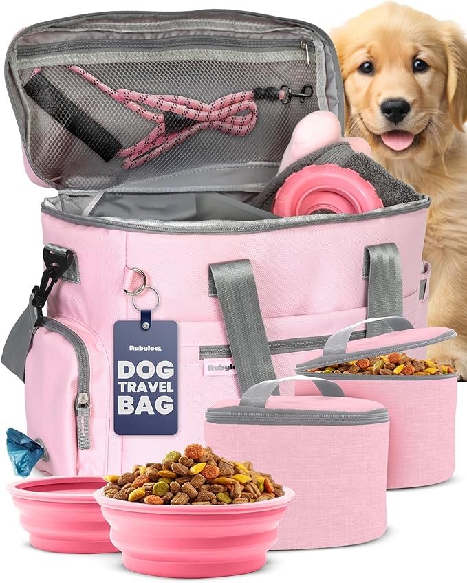 The Original Doggy Bag Dog Travel Kit with Bowls & Food Containers, Light Pink