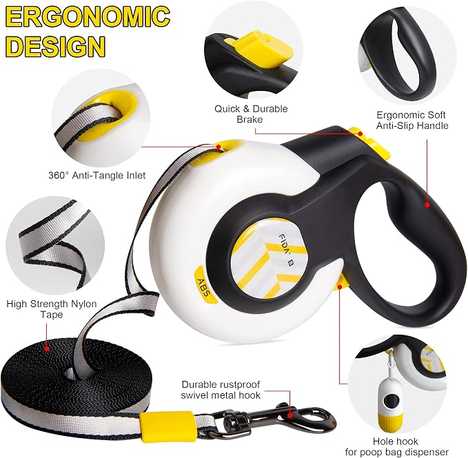 FIDA AutoBrake Retractable Dog Leash. Advanced Patented Design for Dog Pulling, 16 ft Heavy Duty No Pull Pet Walking Leash for Small Breeds. 360° Tangle Free, Soft Grip, Small Size.