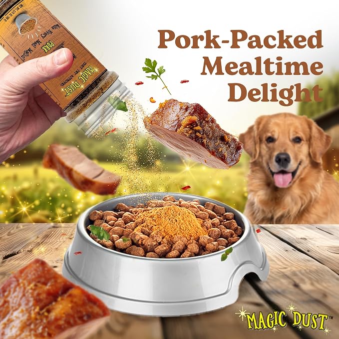 Magic Dust Pork Jerky Topper, Single Protein Pet Food Topper for Dogs & Cats, Enhance Flavor & Elevate Mealtime Excitement for Picky Eaters - 3.5 Ounce Bottle in Pork Flavor