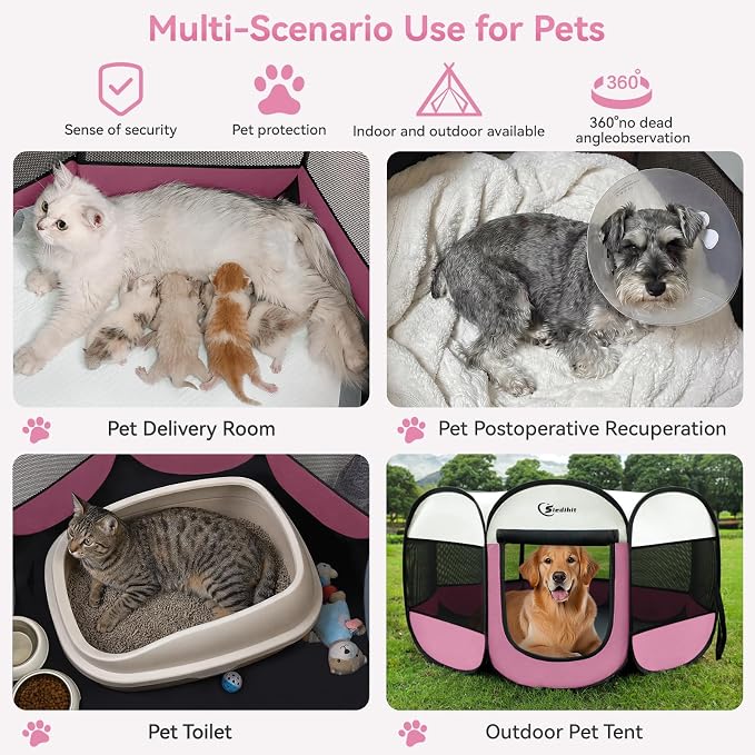 Siedihit Pink Puppy Playpen for Large Dog Cat, Dog Tent Crates Cage Indoor/Outdoor, Portable Pop Up Dog Kennel with Carrying Bag for Rabbits, (Pink, Large)