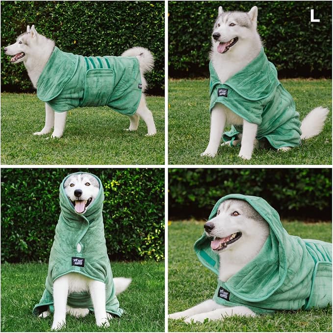 Tuff Pupper Fast Drying Dog Bath Robe | 800 GSM Plush Dog Towel Bathrobe/Dressing Gown | Super Absorbent Pet/Puppy Bathrobe | Adjustable Hood & Belly Strap | Super Soft | Fast Drying (L, Green)