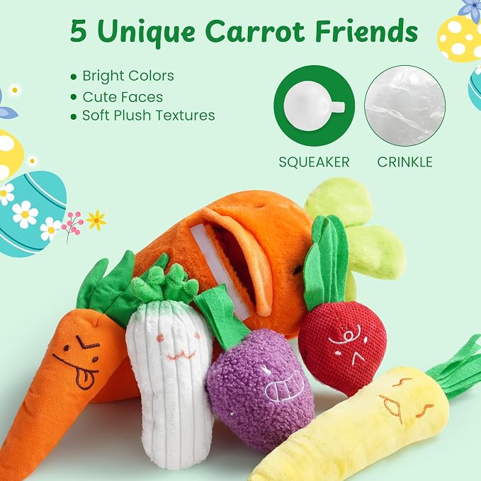 Nocciola Carrot Dog Toys – Easter Squeaky Toys-in-Toys: 5 Small Carrots Inside a Large Plush Carrot with Squeaker & Crinkle Sounds for Small, Medium, Large Breeds, Spring Pet Gifts