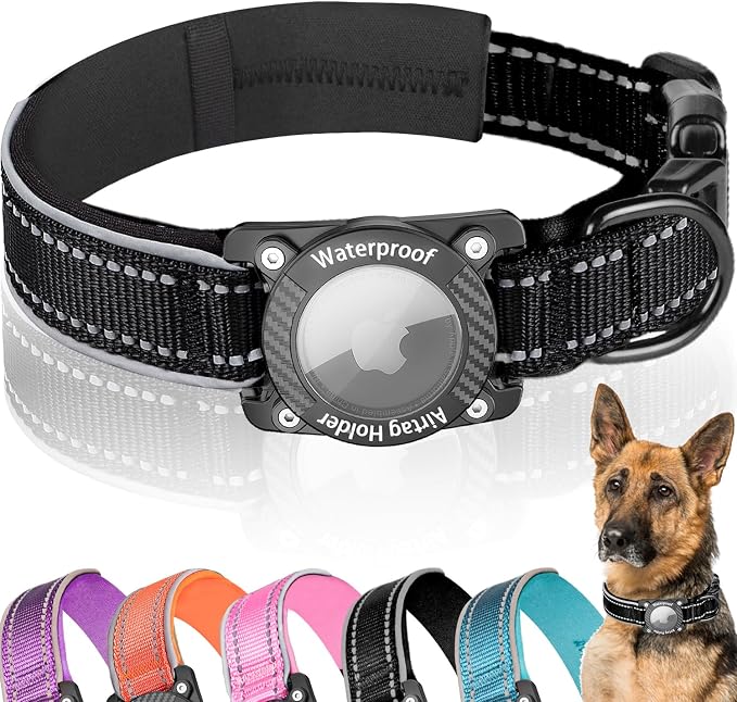 Upgrade Dog Collar with AirTag Holder, IP68 Waterproof, Black, L | 1000D Nylon, Reflective Stitching for Night Visibility, Adjustable Soft Padded, Ultra-Durable, for Small Medium Large Dogs