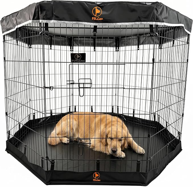 PJYuCien Octagonal Dog Playpen with Top Cover and Bottom Pad - Metal Foldable Exercise Pen, 8 Panels 42" H x 24" W Indoor Outdoor Pet Fence Puppy Crate Kennel, Black