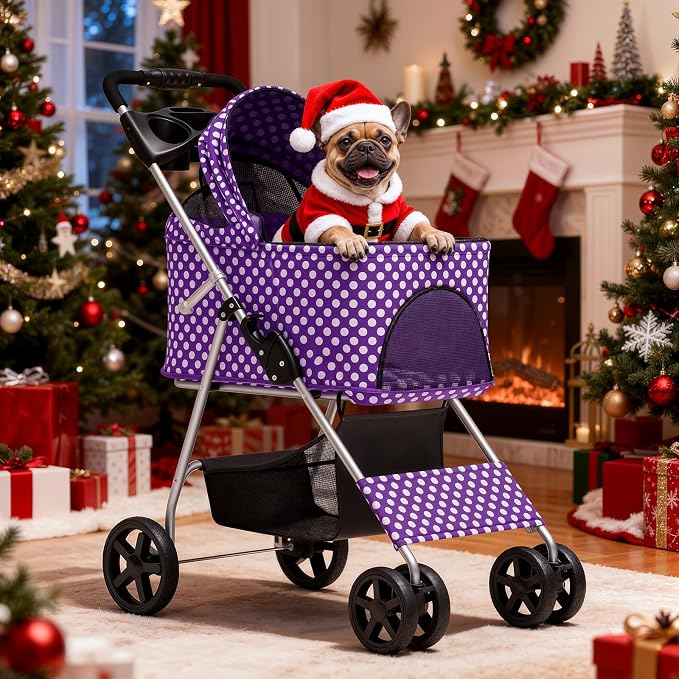 MoNiBloom 3-in-1 Foldable Pet Stroller - Purple Polka Dots, up to 33lbs