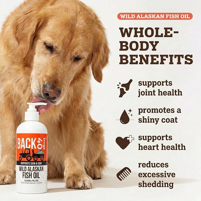 BACK 40 Dogs Wild Alaskan Fish Oil for Dogs, Skin and Coat Supplement for Dogs & Cats, Omega-3-Rich Salmon and Pollock Oil, EPA & DHA Dog Salmon Oil for Brain, Heart, and Joints 16 fl oz (473 ml)