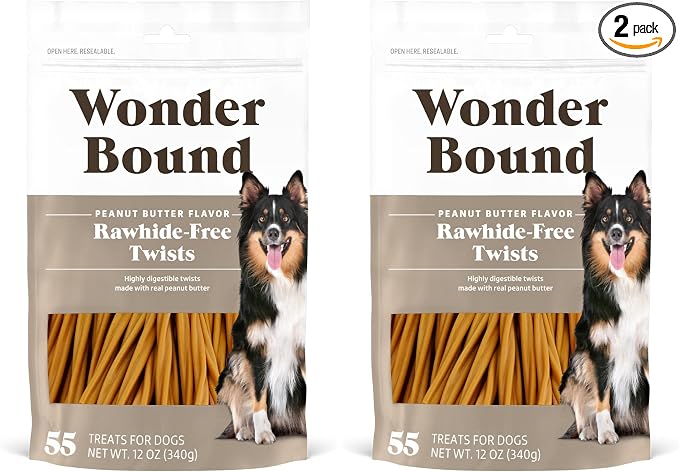 Amazon Brand - Wonder Bound Peanut Butter Flavor Rawhide Free Twists Dog Treats, Long-Lasting, Easily Digestible Dental Health Chews, 55 Count, 12 Ounces (Pack of 2)