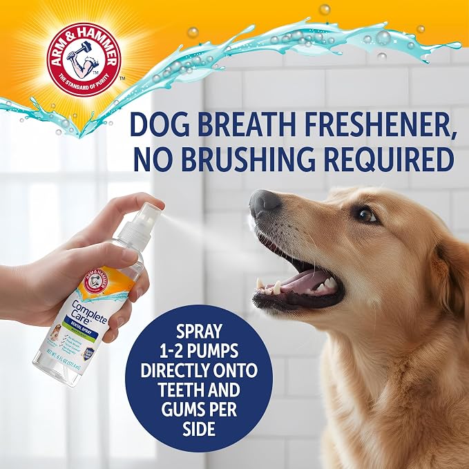 Arm & Hammer Complete Care Dog Dental Spray, Mint, 6 Fl Oz, 2-Pack | Brushless breath freshener with baking soda and calcium supports tooth enamel, fluoride-free formula
