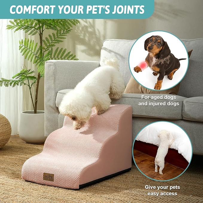 COZY KISS Dog Stairs for Small Dogs 15.7" H, Curved Dog Step for Puppy, Older Cat, Medium Pet Ramp for Sofa, Couch or Chair, Ladder with High Density Foam, 3 Step, 15.7x22.4x15.7 inch, Pink