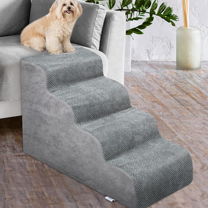 Dog Stairs for Small Dogs - High Density Foam Dog Ramp, Extra Wide Pet Steps with Non-Slip Bottom for High Beds, Couche and Sofa, Best for Pet Injured, Older Dogs Cats (Grey, 4 Steps)