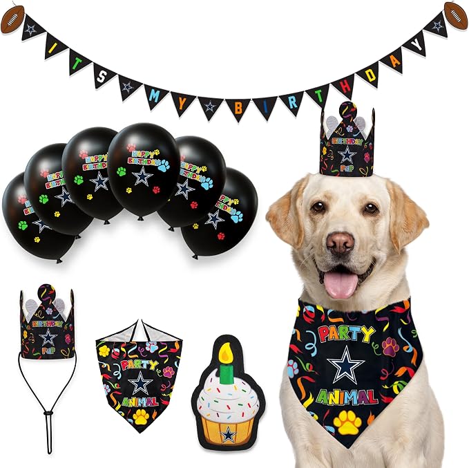 NFL Dallas Cowboys Pet Birthday Bandana, NFL Dog Birthday Party Set and Costume, Licensed Dog & Cat Birthday Party Scarf, Football Team Pet Outfit, Puppy Accessory, Size Large/X-Large