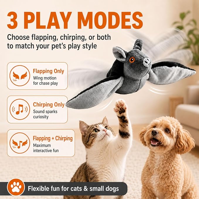 Flying Bat Dog Toy, Flying Bat Toy for Dogs & Cats with Flapping Wings and Chirping Sound, Motion-Activated Interactive Pet Toy for Hanging, Ground and Indoor Chase Play (1PC)