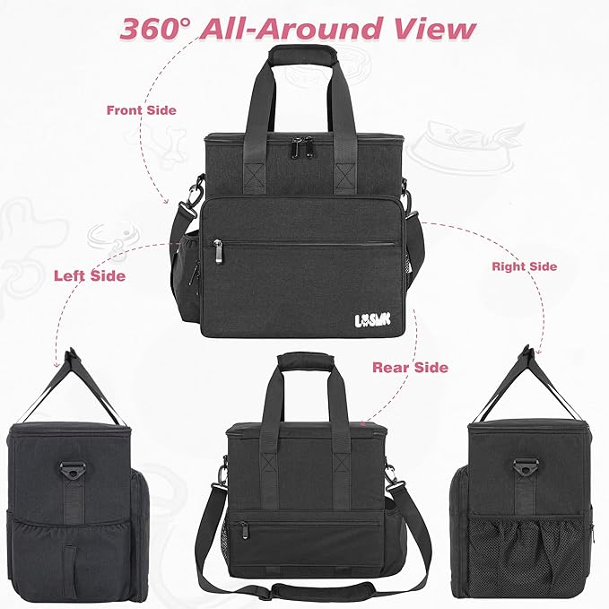 Dog Travel Bag Large Set with Food Containers, Bowls & Feeding Mat, Black