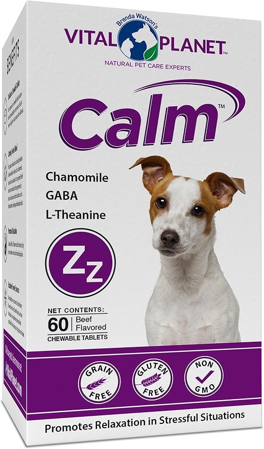 Vital Planet - Calm Chewable Tablets for Dogs, Promotes Calmness in Stressful Situations with Valerian, Lemon Balm, Chamomile, GABA, L-Theanine and Natural Herbs - 60 Beef Flavored Chewable Tablets