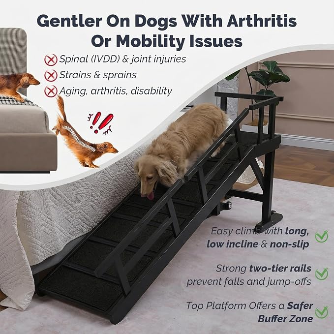 Dog Ramp for Bed or Couch, Wooden Pet Ramp with 20° Gentle Slope, Removable Side Rails, Non-Slip Surface, Top Platform & Wheels, Safe Bed Ramp for Small, Large & Senior Dogs, 60" Long, Black