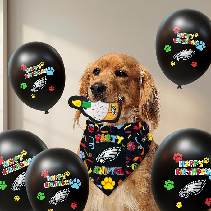 NFL Philadelphia Eagles Dog Birthday Party Set 8pcs with 1 Football Bandana Large/X-Large, 1 Birthday Cake Toy & 6 B-Day Balloons, Dog Birthday Set, Costume, Fun Doggie Party Accesories