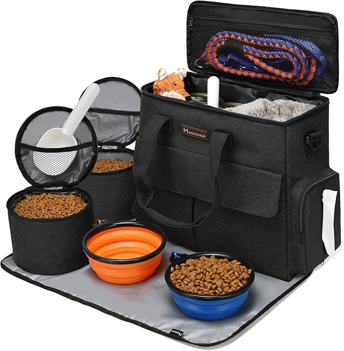 Modoker Dog Travel Kit for Weekend, with Bowls & Food Containers, Black