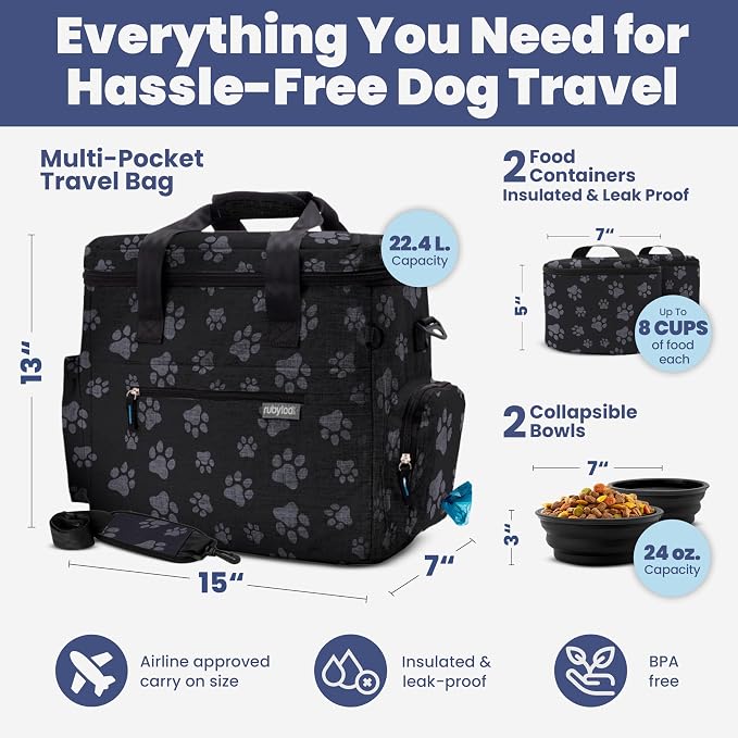 The Original Doggy Bag Dog Travel Kit with Bowls & Food Containers, Paw Print