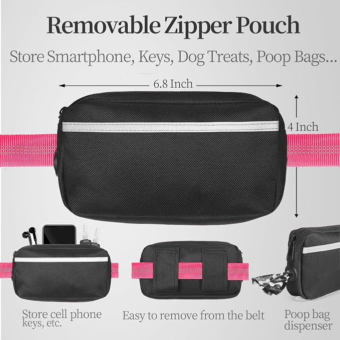 iYoShop Hands Free Dog Leash with Zipper Pouch, Large, 25-120 lbs, Pink | Waist Leash, Dual Padded Handles, Shock-Absorbing Bungee, Adjustable Waist Belt, Walking and Running