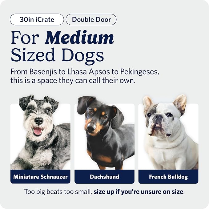 MidWest Homes for Pets 30-Inch iCrate for Medium Breeds, 21-40 lbs, Double Door Folding Dog Crate with Divider Panel, Leak-Proof Tray & Secure Latches, Portable, Durable & Easy to Assemble