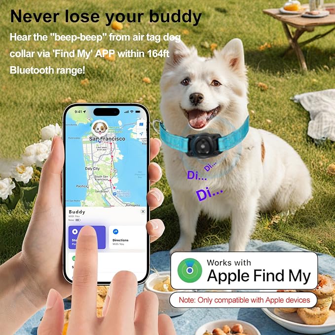 Air Tags Dog Collar, Waterproof Pet Collar with Air-Tag Chip for Apple Find My (iOS only) (SkyBlue, S)
