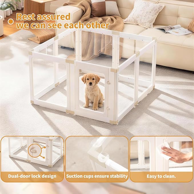 Acrylic Dog Playpen Indoor for Small Dogs & Puppies, Clear Transparent Pet Playpen with Modern No-Bar Design, 23.6" Easy Assemble Puppy Play Pen, Escape-Proof & Sturdy (8 Panels, White)