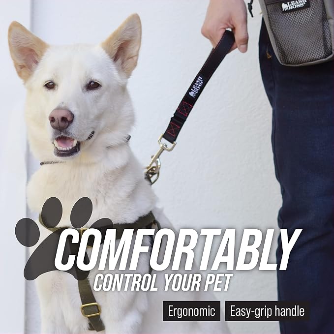 Leash Boss Short Dog Leash with Padded Handle - 12, 18, and 24 Inch Leads for Large Dogs - 1 Inch Nylon (12 in, Black/Red/Gray)