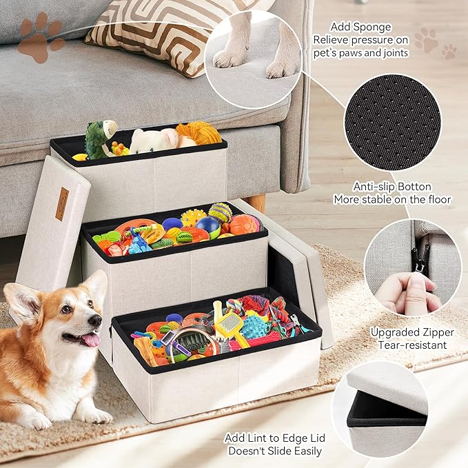 Zerbuger Dog Stairs with Storage 18" H, 3-Step Wider Dog Steps for Small/Medium/Large Old Dogs Cats, Folding Sturdy Pet Stairs Climbing Bed or Couch, Ramp for Car Up to 200 lbs (Beige, No Condo)