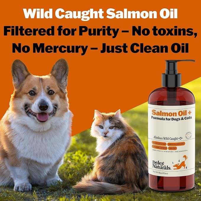 Deley Naturals Wild Alaskan Salmon Oil for Dogs & Cats - New and Improved Salmon Oil Plus Formula - Fish Oil for Dogs with Omega 3, DHA and EPA - Omega 3 for Healthy Skin and Coat - 16oz Made in USA