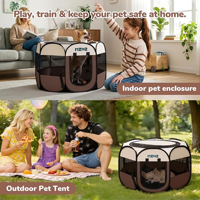 Dog Cat Playpen, Portable Small Animal Playpen Crate Indoor for Dogs Cats Rabbits, Foldable Guinea Pigs Bunny Cage Enclosure for Outdoor, Pop Up Dogs Cats Tent Kennel with Carrying Case, Brown