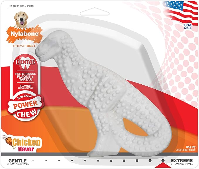 Nylabone Power Chew Dental Dinosaur Dog Chew Toy, Chicken Flavor, Large | Large breeds, durable dog toys for aggressive chewers, long lasting, discourages destructive chewing, for dogs up to 50 lbs