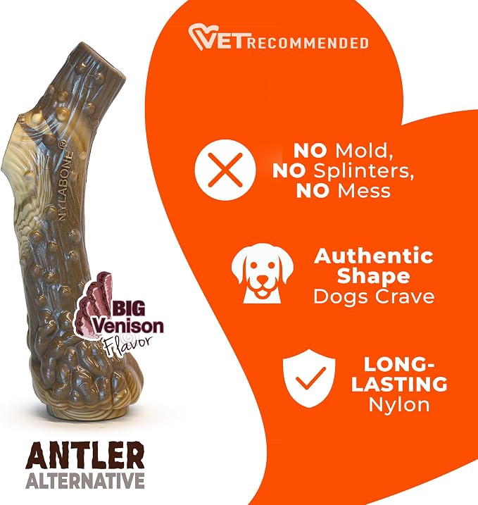 Nylabone Power Chew Antler Alternative Nylon Chew Toy for Dogs, Dog Toys for Aggressive Chewers, Venison Flavor, Large/Giant (1 Count) | Splinter-free, durable dog toys for aggressive chewers, long lasting, discourages destructive chewing, for dogs up ...