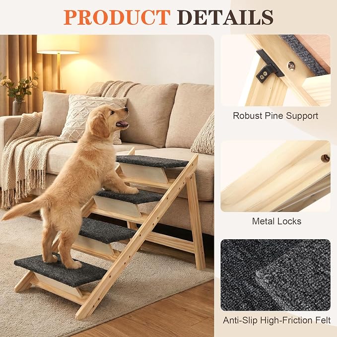 Dog Stairs/Steps, 2-in-1 Foldable Wooden Pet Stairs, Wood Frames and Non-Slip Carpet Suitable for High Beds, Car, Couch, Durable Wooden Dog Stairs for Small Medium and Large Dogs,4 Steps
