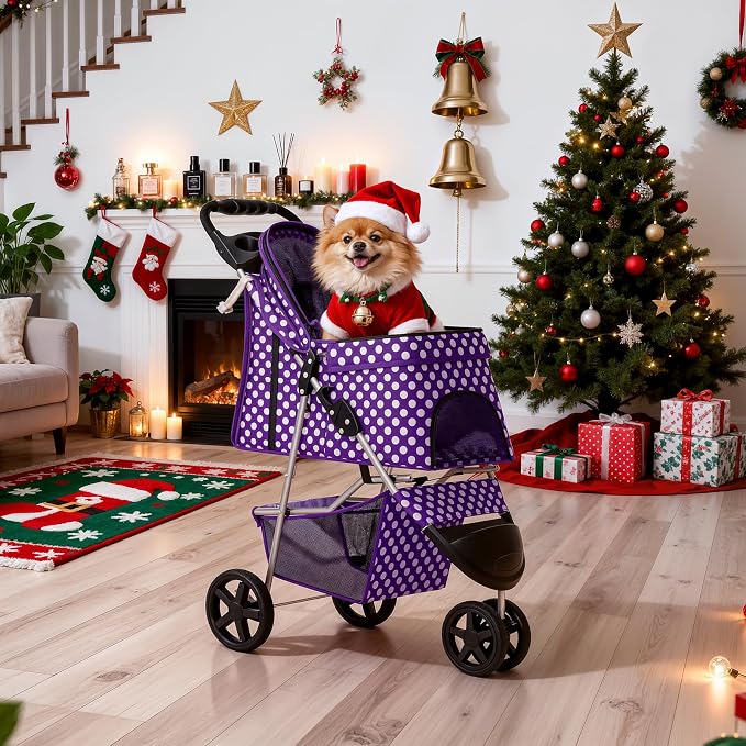 MoNiBloom Foldable Pet Stroller - Purple Polka Dots, 3 Wheels