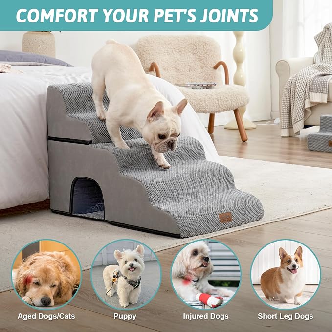 COZY KISS Small Dog Stairs with Tunnel, 5 Step Pet Ramp for High Bed | Curved Stable Dog Step for Puppy, Older Cat, Senior, Medium, Short-Legged Dog, Non-Slip Ladder for Car, 22.4" H, Grey