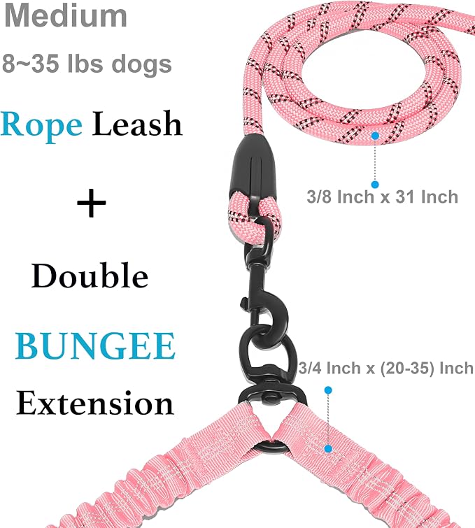 iYoShop Double Dog Leash, 360° Swivel, No Tangle, Medium, 8-35LB, Baby Pink | Dual Leash for Two Dogs, Split Leash, Shock-Absorbing Bungee, Padded Handle, Heavy-Duty Rope