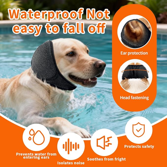 2Pcs Dog Ear Muffs Noise Protection Anxiety Relief for Fireworks Thunder, No Flap Ear Wrap Ear Covers for Bathing Swimming Grooming, Waterproof Elastic Adjustable Dog Snood Comfortable Quiet (Grey, L)