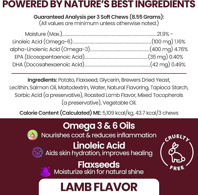 Omega 3 Fish Oil for Dogs, Lamb Flavor - 180 Soft Chews for Skin and Coat