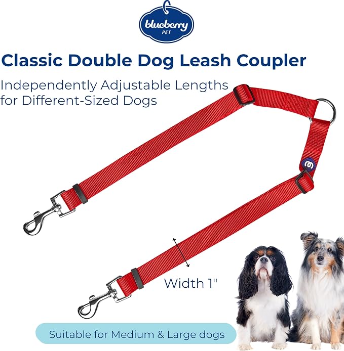 Blueberry Pet Essentials Durable Classic Double Dog Leash Coupler, Rouge Red, Medium/Large, Dual Walking & Training Leashes for Two Dogs