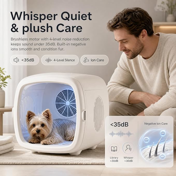 Pet Grooming Dryer Box (For Pets Up to 16lbs) | High-Efficiency & Quiet <26dB, Smart Temperature Control, 25-60 Minute Fast Drying, Negative Ion Hair Care