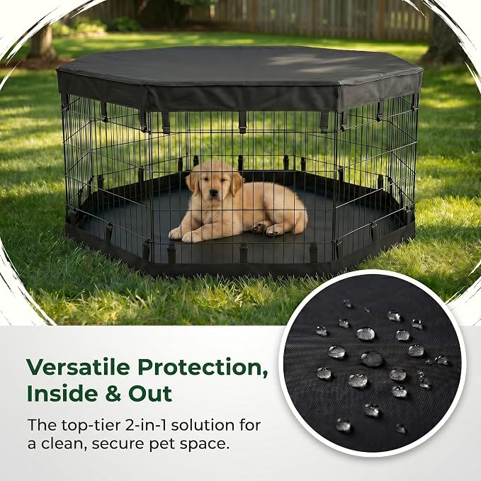 PJYuCien 2-in-1 Octagonal Dog Playpen Pad, 24" Side Waterproof Bottom Liner Escape-Proof Top Cover, 600D Oxford with Snap Hooks for Puppy Small Animals, Black