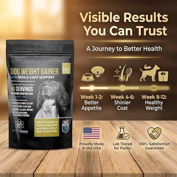 Dog Weight Gainer with Skin & Coat Support - Weight Gain Supplements for Dogs - Canine and Dog Muscle Builder - Protein Powder - High Calorie Food Supplement - 90 Servings