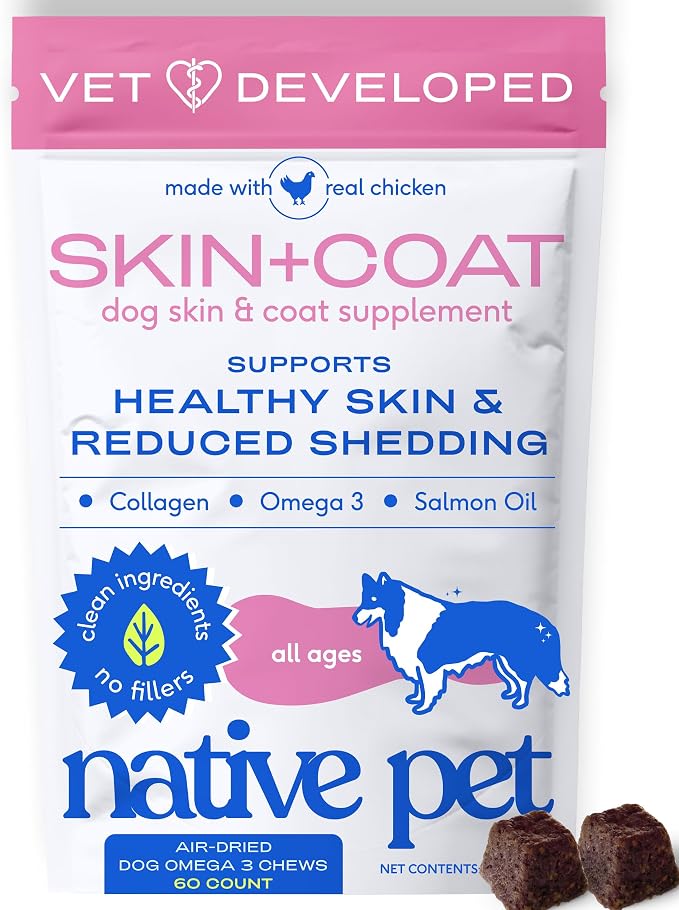 Native Pet Skin & Coat Chews - Omega 3 Fish Oil for Dogs Skin & Coat Supplement - Itch Relief, Shiny Fur & Shedding Support - Collagen, Hyaluronic Acid, Biotin, Probiotics & Salmon Oil - 60 Chews