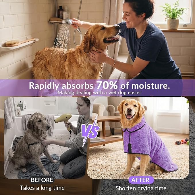 Bienbee Dog Bathrobe, Quick Drying Super Absorbent Pet Robes for Small Medium Large Dogs, Drying Coat for After Bath & Swim, Warm & Cozy Dogs Towels, Dog Puppy Bath Supplies, Light Purple S