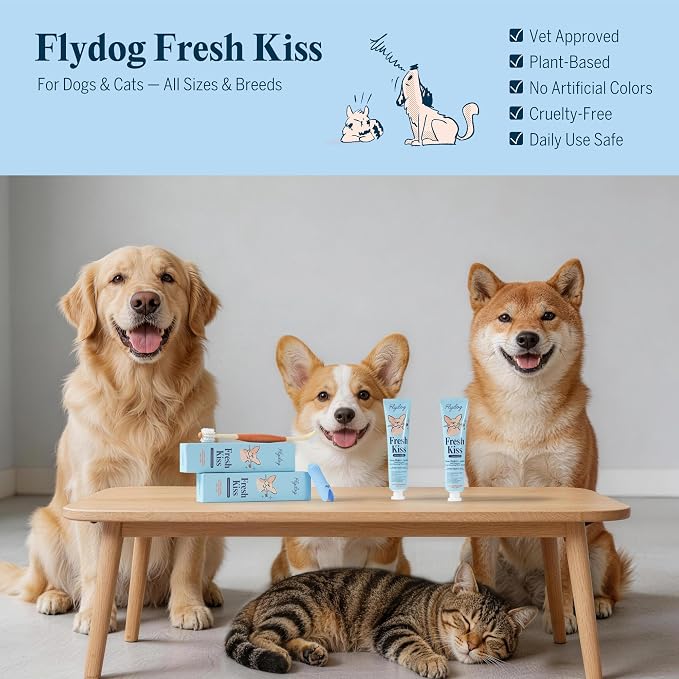 FlyDog Fresh Kiss Nano-HAp Dog Tooth Brushing Kit, Vet Approved Remineralizing Formula for Dogs & Cats - Rebuild Enamel, Remove Tartar & Plaque, 360° Toothbrush & Silicone Finger Brush (Peanut Butter)